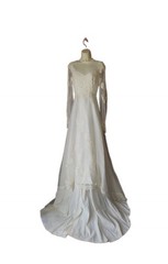 VTG 1970s Beaded Wedding Dress High Neck Illusion Lace Angel Sleeve ILGWU Train