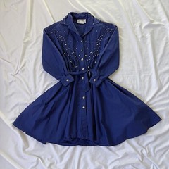 Vintage 80s d.Frank Petites Navy Blue Bedazzled Dress Size 4 Western Cowgirl