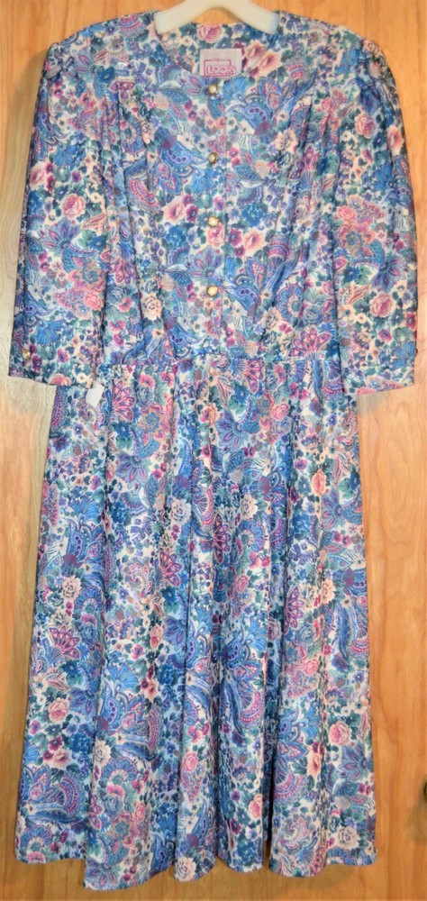 Vintage California Looks dress Women Small Med Floral Polyester Blue Purple
