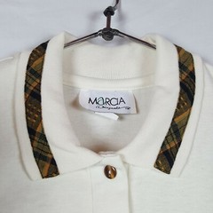 Vtg 90s Polo Golf Shirt M White Plaid Accents Short Sleeve Patch Marcia 50/50