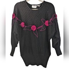 Vintage 80s Cedars Black Sweater Rose Appliqué Angora Silk Blend Size M