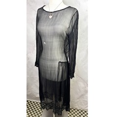 Antique 1920s Black Sheer Silk Chiffon Drop Waist Dress Art Deco Glam Vintage M