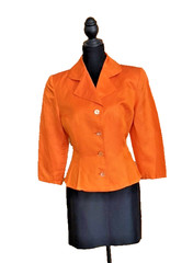 Vintage Byblos Orange Peplum Linen Jacket & Black Skirt Suit Italian 42/US 6