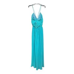 Vintage Lee Jordan NY Aqua Pleated Gown Beaded Halter Maxi Dress USA Small