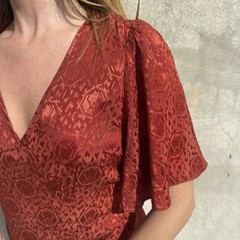 Vintage 1930s Red Deco Snakeskin Brocade Satin Rayon Dress Bonwit Teller Ruffle