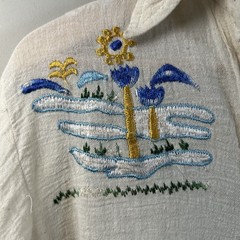 VTG 1970s Scenic Floral Embroidered White Gauze Cotton Button Up Womens Sz M