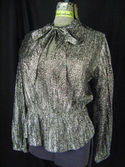 JUDY BOND Vtg 60-70s Metallic Silver Crepe Party Bow Blouse-Bust 40/S