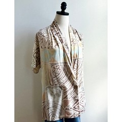 Vintage 70s Draped Rayon Print Blouse | Neutral Abstract | Shawl Collar | Size L