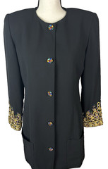 Frank Usher VTG Button Down Dress Black With Multicolor Buttons Embroidery