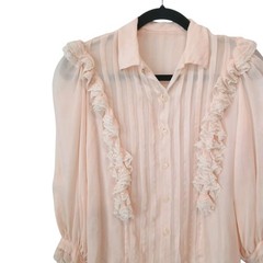 Vintage Oscar De La Renta Blouse 4 Ruffled Silk Chiffon Light Pink Lace Grandma