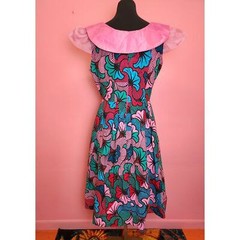 Retro Handmade African Wax Print Pink and Blue Bubble Fit & Flare Dress