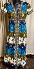 Women’s Miss Magnin Hawaiian Tapa Cloth Dress Metallic Ribbon Accents 2 Pockets