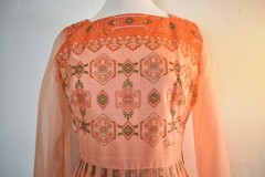 Vintage 1970’s Alfred Shaheen Peachy Pink / Orange Puff Sleeve Maxi Dress