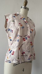 1940s 50s Sailboat Novelty Print Sailcloth Cotton Sportswear Blouse Fitted M/L