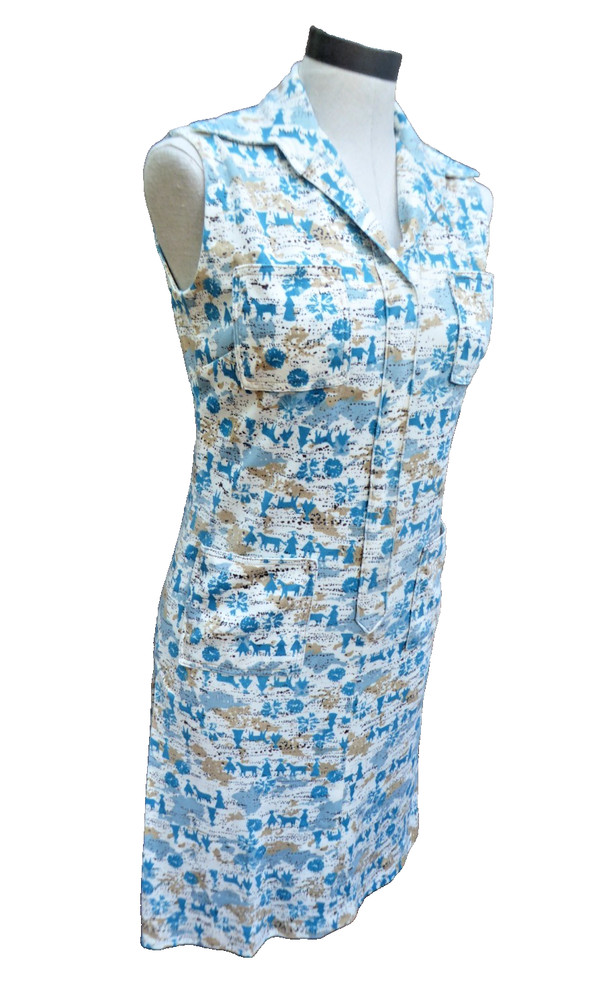 VTG 60s 70s Handmade Novelty Print Shift Dress Blue White Sleeveless Mod Small
