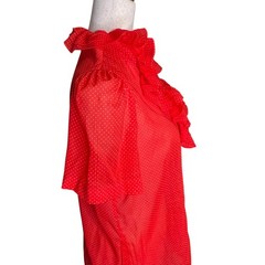VTG NaMa CA Blouse Sheer M Red Polka Dot Ruffle Pinup Rockabilly Americana Retro