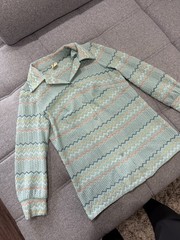 Vintage 70s Fortrel Celanese Crochet Knit BlouseZigZag Chevron Pastel BlueL 14.5