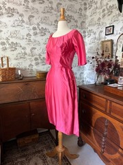 Vintage 60s Harry Keiser Bright Pink Evening Dress: Rosette Back, Bullet Bra