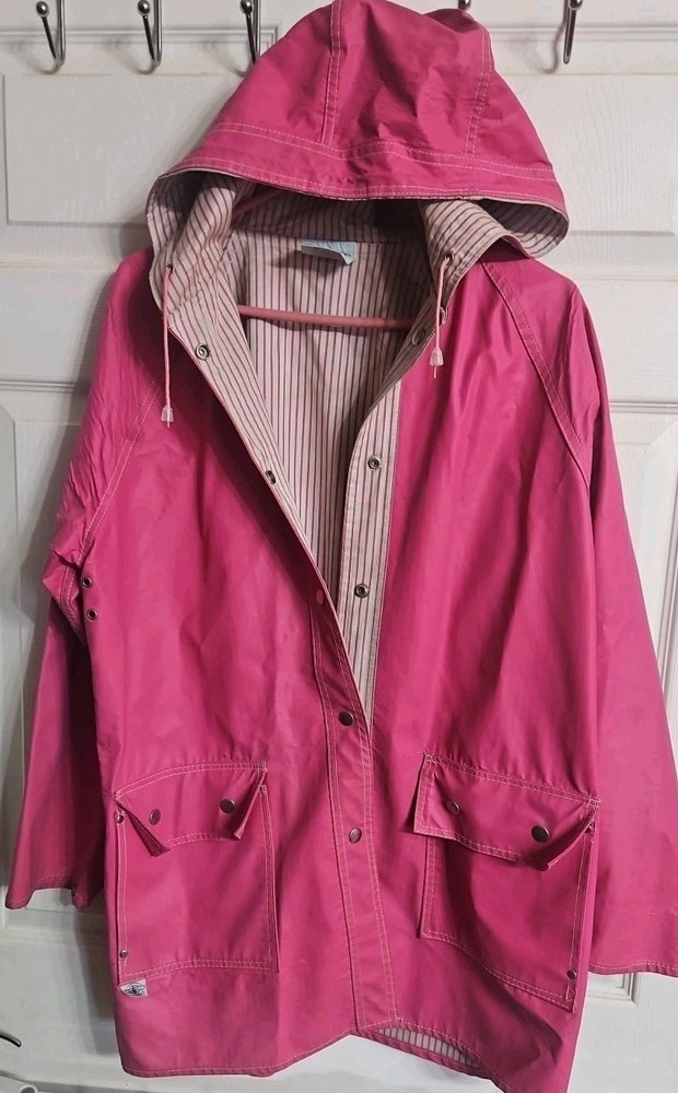 Vintage Rain Coat Size Large 70s Charles River Apparel Pink Hooded Rayon Vinyl