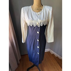 Vtg white & navy dress w/ lace-trim & pearl-like buttons & shoulder pads Sz 12