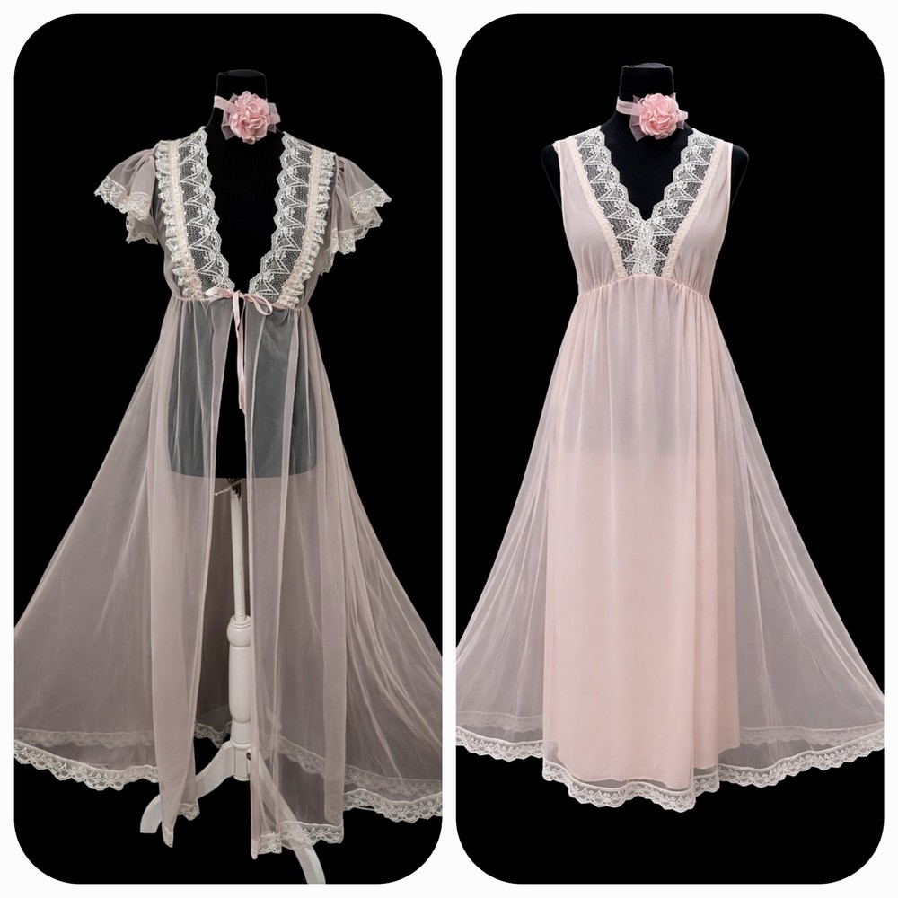 Vintage Tosca Lingerie Pink Robe Peignoir Set 2pcs Full Length Chiffon Lace Smal