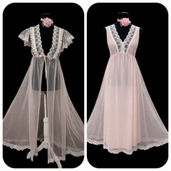 Vintage Tosca Lingerie Pink Robe Peignoir Set 2pcs Full Length Chiffon Lace Smal