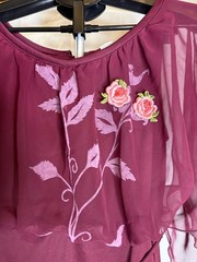 Vtg 1970s Burgundy Magenta Sheer Overlay Embroidered Floral Maxi Dress Size 14.5