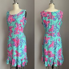 Mod Vintage 1960’s Retro Aqua w/ Hot Pink Floral Print Ruffled Hem Sun Dress M