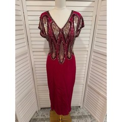 Alyce Designs Silk Beaded Gown Women Magenta Sequin V-Neck Vintage Dress 10