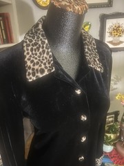 Vtg Black Velvet Leopard Retro Mod 90s Goth Punk Cheetah Sexy Jacket Dress Y2K