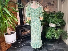 Vintage 1960s Green Blue Ivory Floral Cotton Ecru Lace Peasant Dress Gary Jay