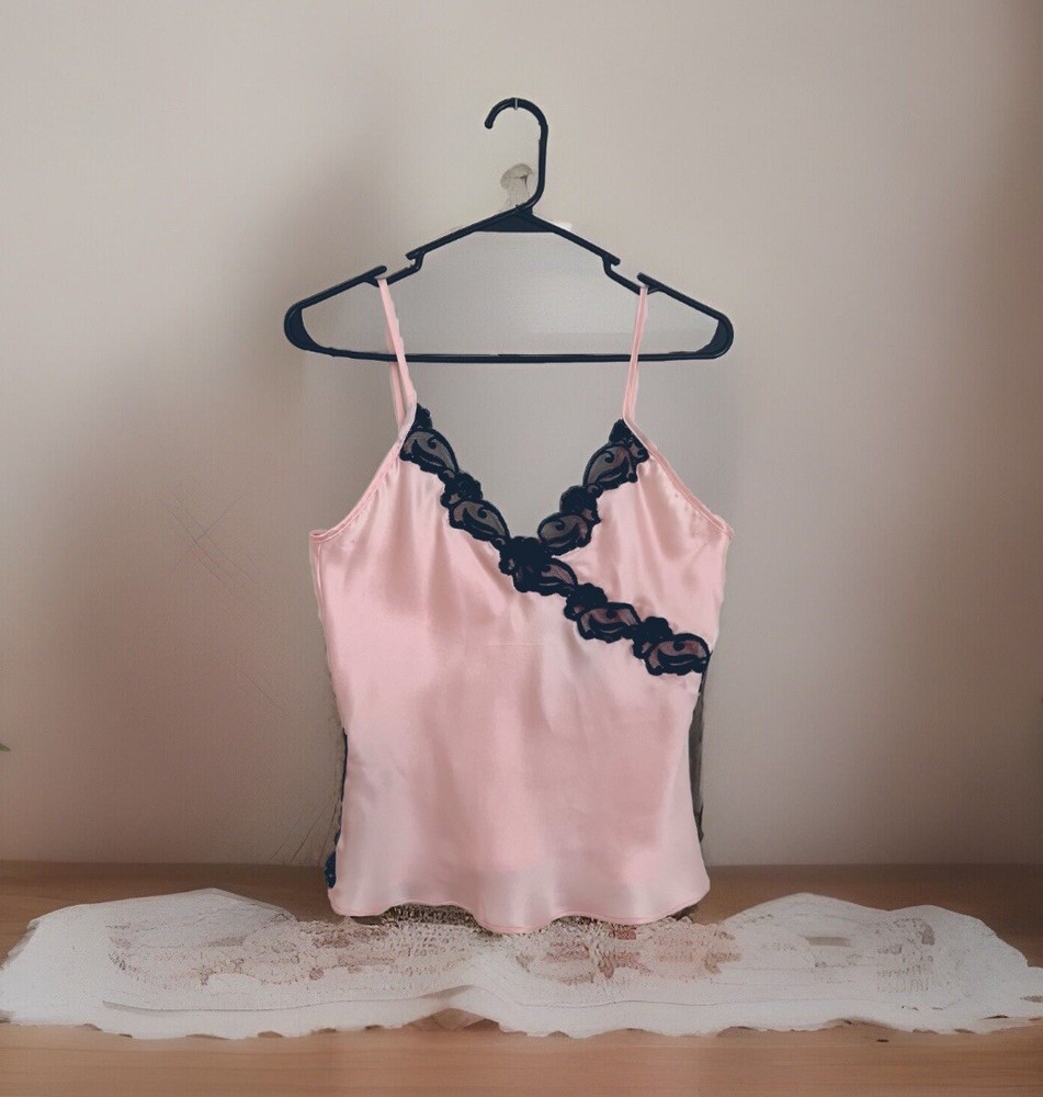 Vintage SILKSCREEN Camisole Tank Sz S Pink Black Lace Lingerie Romantic Vixen