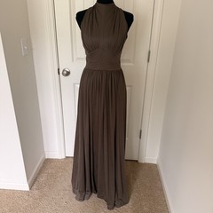Donald Brooks Halter Maxi Dress S/M Disco Goddess Gown Taupe Brown Cape Vintage