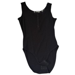Vintage Together Black Bodysuit Buttoned Lace Trim 80s Tank Top 100% Cotton
