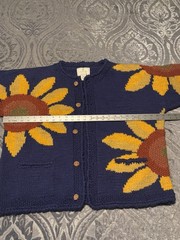 Express Tricot Cardigan Women One Size Blue Sunflower Hand Knitted Wool Vintage