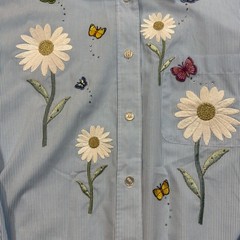 Vintage 90s Tia Designs Blue Striped Embroidered Butterfly Daisy Lace Shirt L