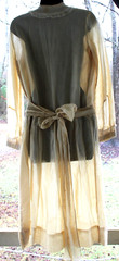 LOVELY! UNUSUAL SATIN SILK BLEND ANTIQUE BEIGE Wrap DRESS LACE COLLAR & CUFFS