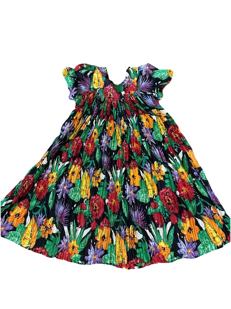Vintage 80’s Sita Colorful 100% Cotton Trapeze Short Sleeve Dress Size S Nepal