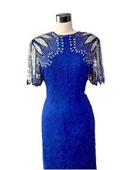 LAURENCE KAZAR Gorgeous Vintage 80’s Sequins Beaded Blue Dress with Open Back S