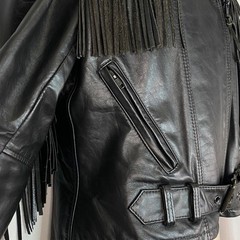 Vintage black leather fringe jacket women’s S M moto rocker biker TAURUS