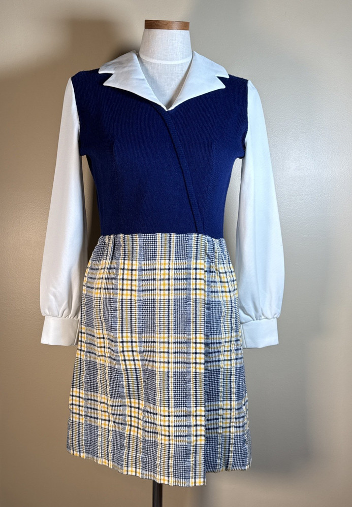 Vintage Gay Gibson Dress Mod 60s 70s JR Small 2 4 Navy Blue & Plaid Schoolgirl