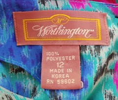 Vintage Worthington Teal Blouse w Purple/Blue/Black/Grey Watercolor Floral Sz 12