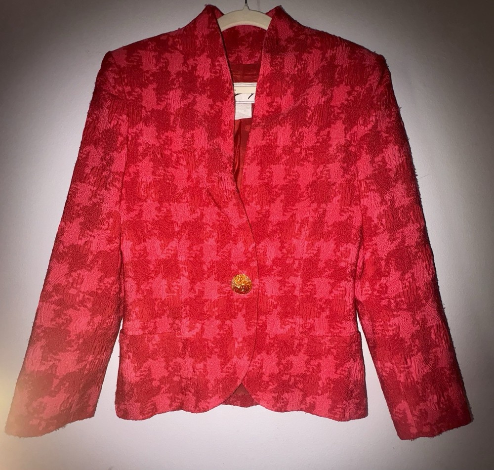 Vtg Genny Italy Blazer Jacket Red Button Front Pockets Textured Fabric Lined S-M