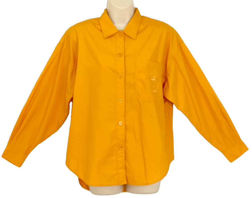 Vintage 1980s gold blouse, yellow mustard cotton blend long sleeve turmeric S M