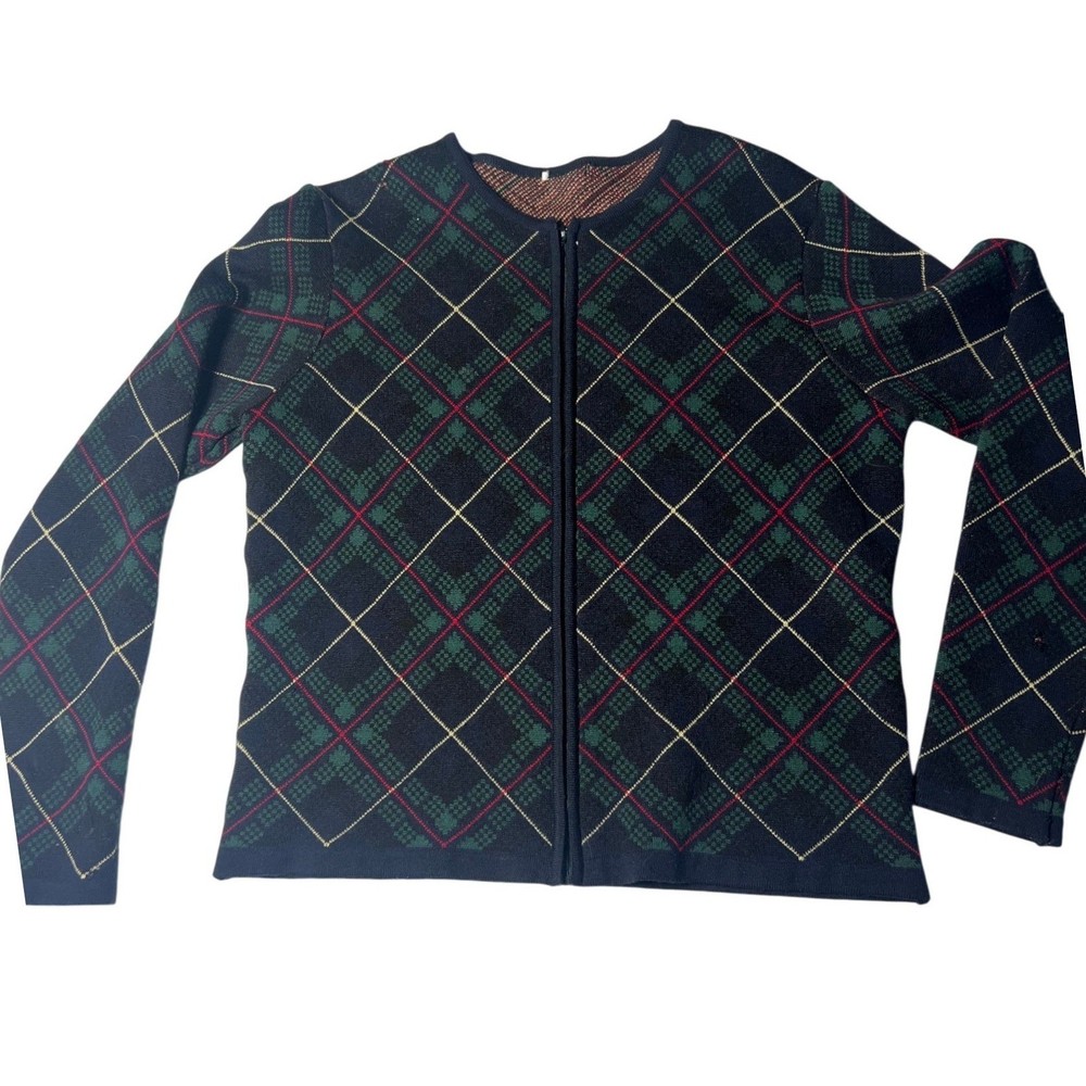 Vintage Talbots Made In Italy 100% Merino Wool Full Zip Plaid Sweater CA 23147