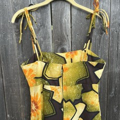 VTG 60s 70s Hawaiian Barkcloth Maxi Dress floral yellow Shoulder tie Sleeveless