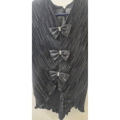 Vintage Karen Lawrence Black Pleated Skirt Set Rhinestone Bows Puff Sleeve Sz 10