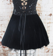 Vintage Black Velvet Tulle Full Skirt Mini Sequin Party Dress Lace Back Sz Med