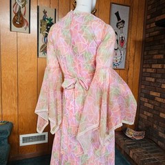 Vtg 70s Angel Sleeve Hippie Goddess Pink Sheer Voile Hostess Maxi Dress Gown S