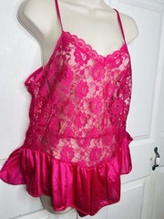 Vtg Teddy Camisole Pink Semi Sheer Lacey Sz 34 36 Step In Flutter Romper Nightie